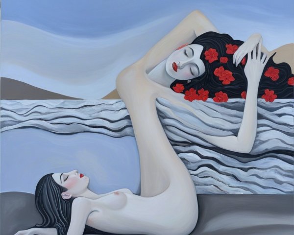 Elongated Figures in Serene Blue and Neutral Tones