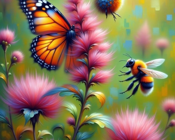 Colorful Blossoms with Butterflies and Bees in Nature