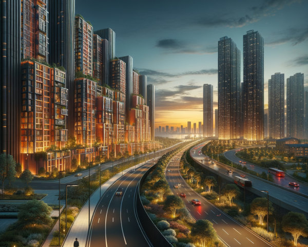 Modern Urban Landscape at Sunset with Skyscrapers