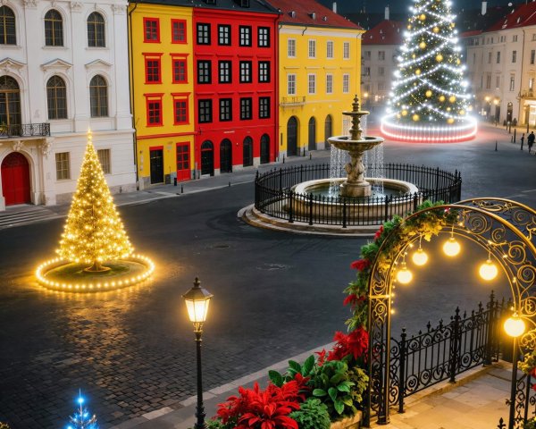 Vibrant Winter Night Scene in European Town Square