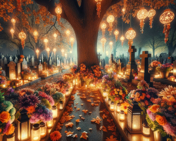 Enchanting Graveyard Scene with Lanterns and Leaves