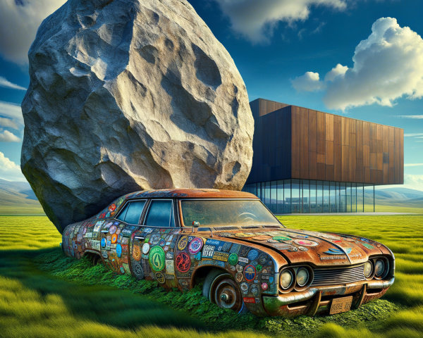 Old Rusted Car with Stickers Near Modern Building