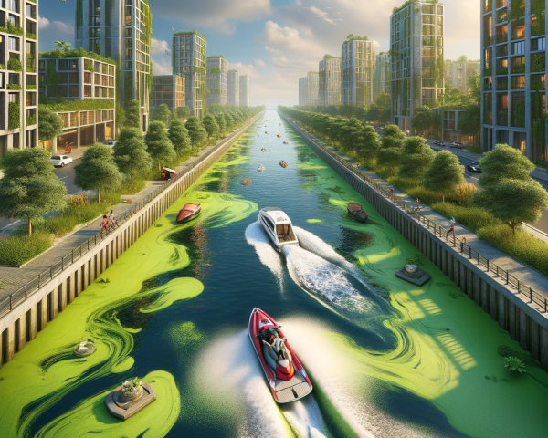 Futuristic Cityscape with Green High-Rises and Canal