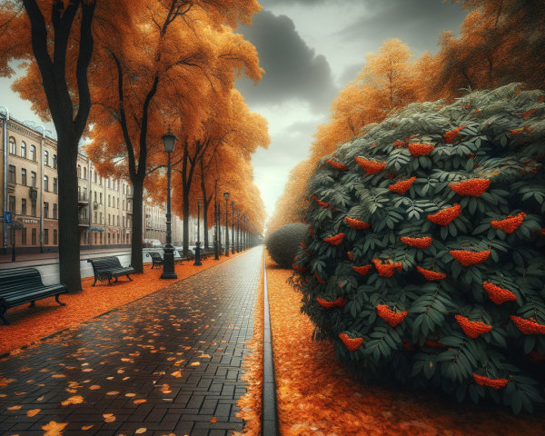 Autumn Cityscape with Tree-Lined Street and Buildings