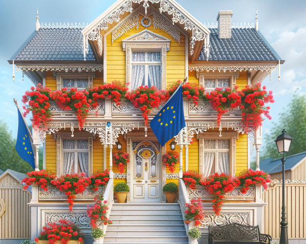 Victorian-style yellow house with floral accents