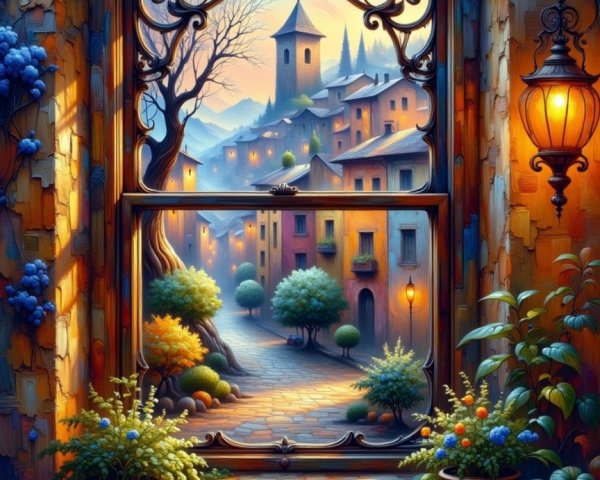 Picturesque Village View Through Ornate Window Frame