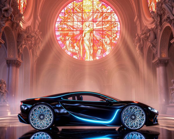 Futuristic Luxury Car in Grand Cathedral Setting