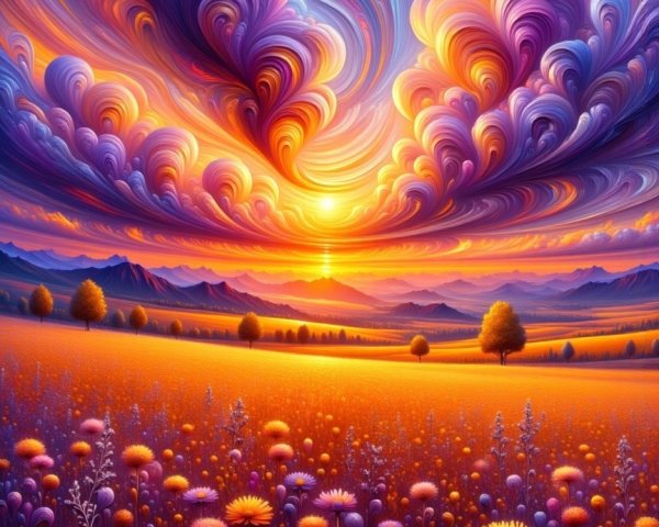Vibrant Sunset Over a Golden Flower Field and Mountains