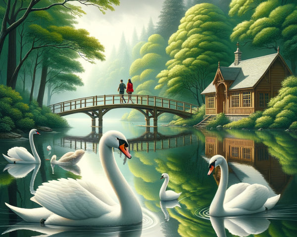 Serene Lake Landscape with Swans and Wooden Bridge