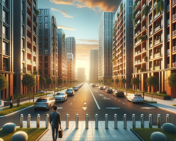 Modern Urban Scene with High-Rise Buildings at Sunset