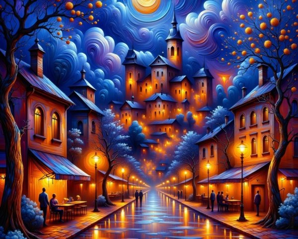 Vibrant Night Scene with Castle and Charming Cafes