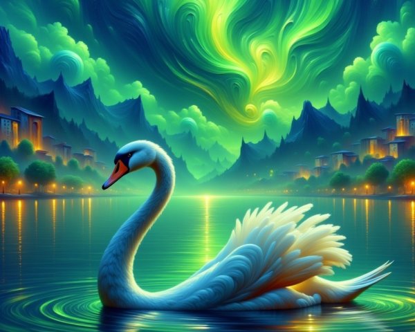 Serene Swan on Tranquil Lake Under Aurora Sky