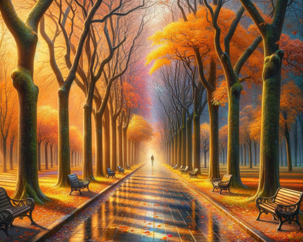 Tranquil Autumn Pathway with Bare Trees and Leaves