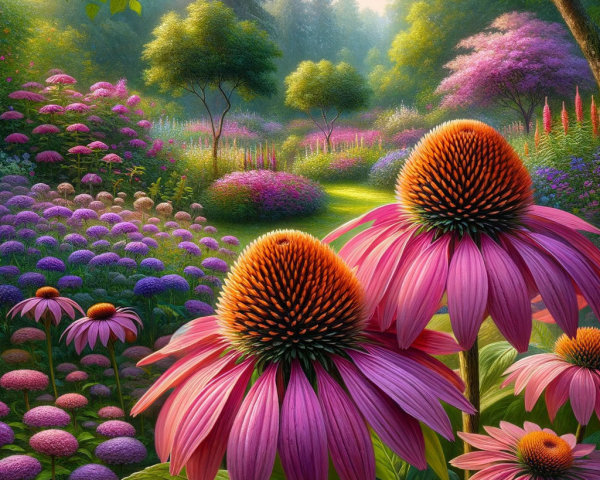 Vibrant garden scene with colorful blooming flowers