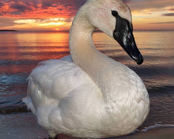 Close-up of a white swan at a sunset lake beach