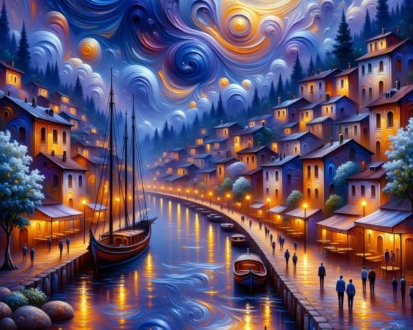 Vibrant Night Scene of a Riverside Town with Lights
