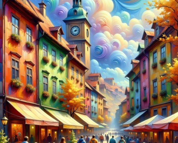 Vibrant Street Scene with Colorful Buildings and Clock Tower