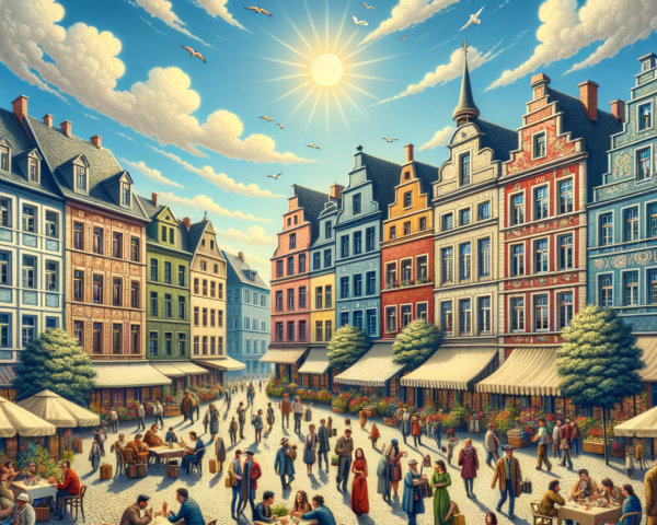 Vibrant Town Square with Historic Buildings and Cafés