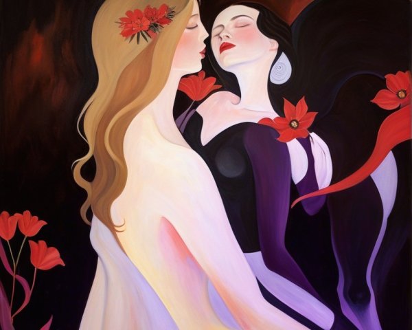 Intimate Figures Surrounded by Red and Black Elements