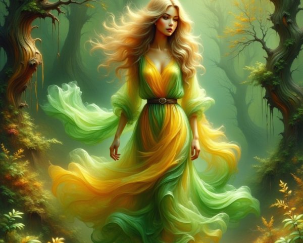 Ethereal Woman in Flowing Gown in Mystical Forest