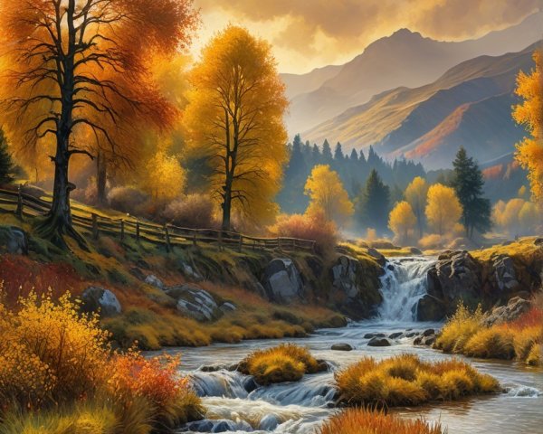 Tranquil Autumn Landscape with Stream and Mountains