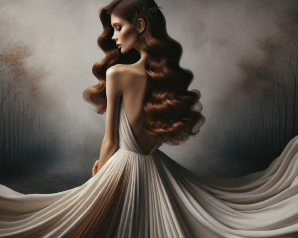 Elegant Woman in Backless Gown in Misty Forest
