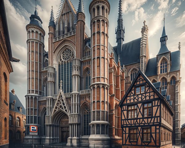 Gothic Cathedral and Half-Timbered House Scene