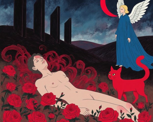Surreal Scene with Figure, Roses, and Ethereal Angel
