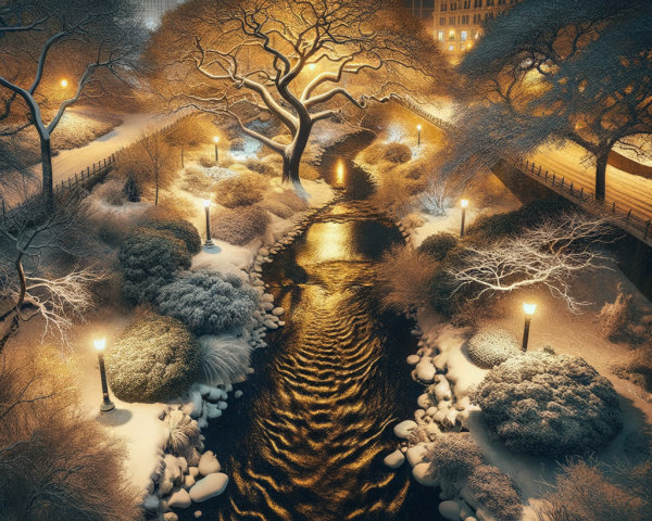 Aerial View of Snow-Covered Urban Park with River