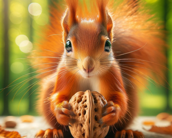 Fluffy Red Squirrel Holding a Walnut in Forest Setting