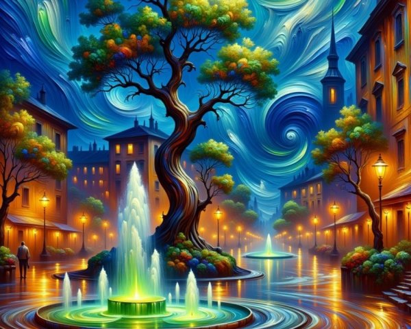 Vibrant Dreamlike Cityscape with Central Fountain