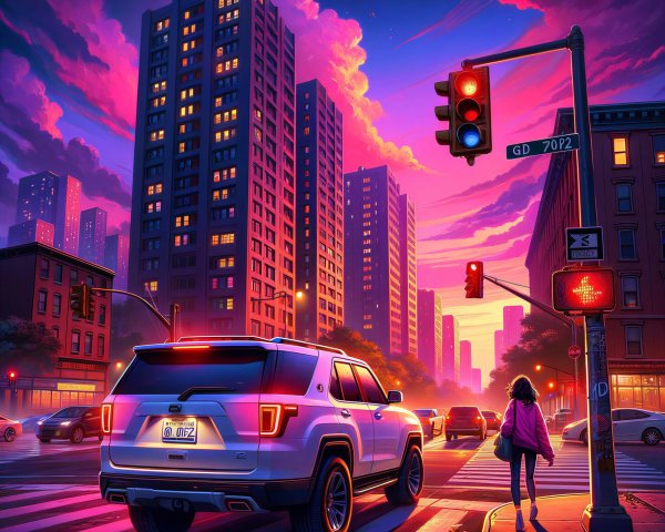 Urban Dusk Scene with Buildings and Traffic Elements