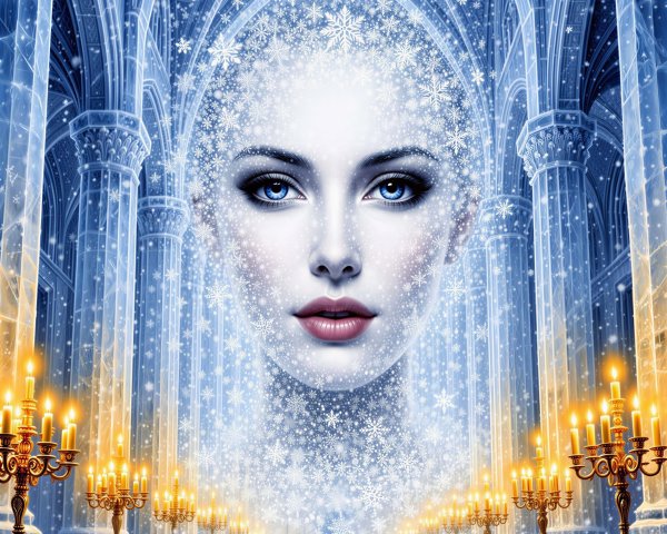 Woman's Face of Snowflakes in Icy Cathedral Scene