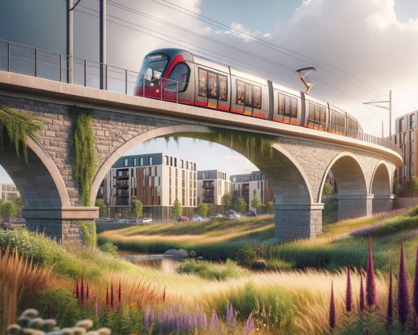 Modern tram on stone bridge with lush greenery