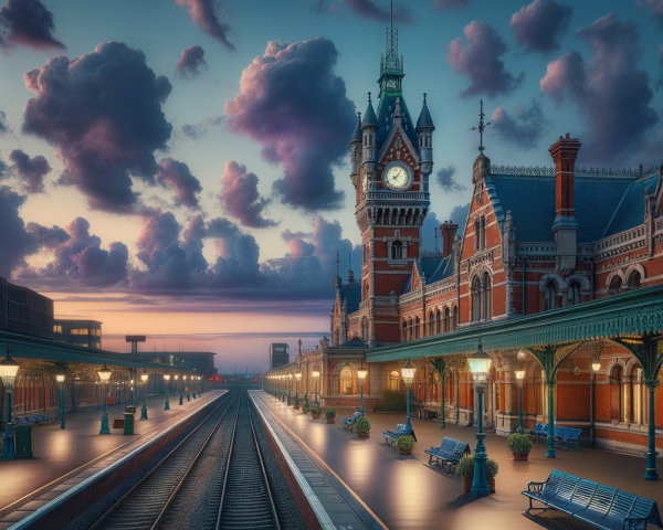 Twilight Train Station with Victorian Architecture and Clock Tower