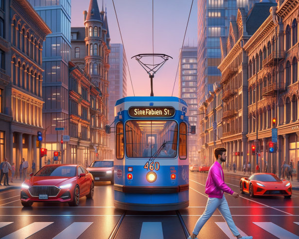 Vibrant City Street at Dusk with Classic Blue Tram