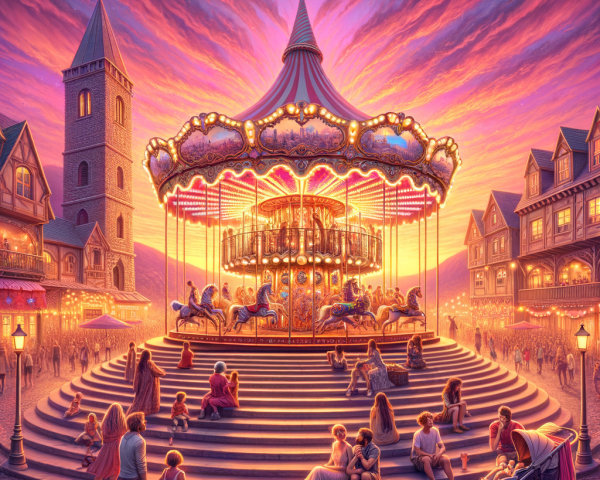 Vibrant sunset over a whimsical carousel in town square
