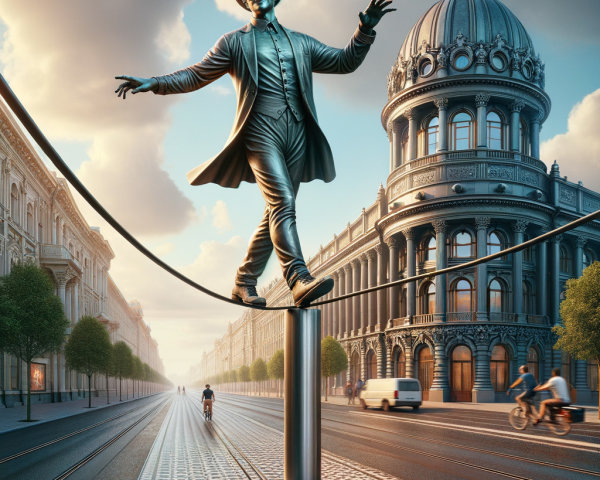 Bronze Tightrope Walker Statue in Urban Setting