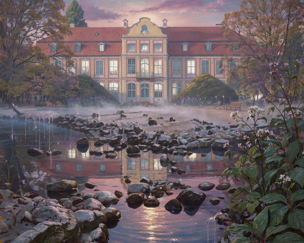 Ornate Manor House by a River at Sunset