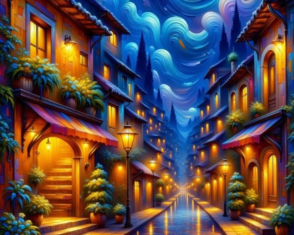Starry Night Scene with Charming Houses and Lanterns