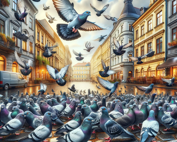 Vibrant City Scene with Pigeons at Sunset