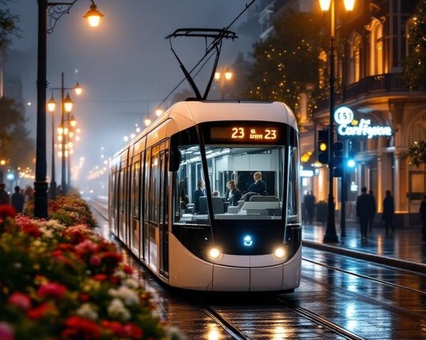 Modern tram on a rainy night with vibrant flowers