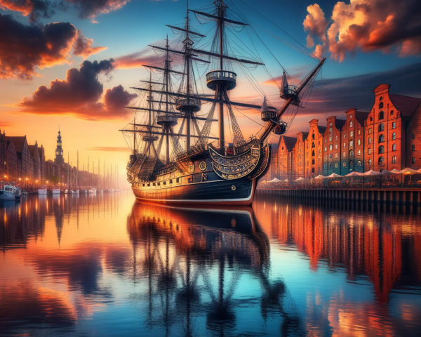 Tall Ship in Tranquil Harbor at Sunset