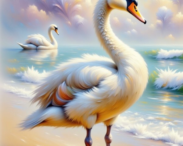 Swan on Sandy Shore with Pastel Sky and Waves