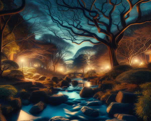 Serene Nighttime Park Scene with Soft Lighting