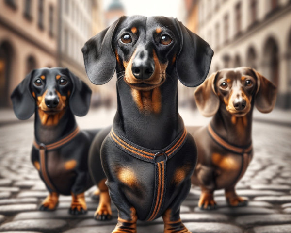 Dachshunds on Cobblestone Street with Stylish Harnesses