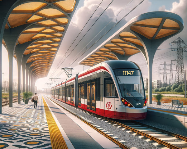 Modern Light Rail Train at Futuristic Station