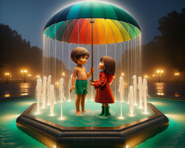 Nighttime Park Scene with Umbrella and Fountains
