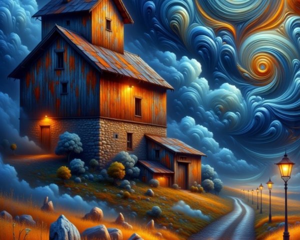 Rustic Wooden House Under Starry Night Sky