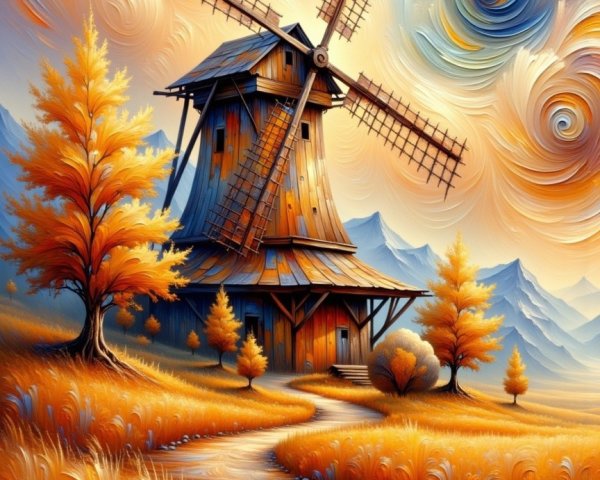 Rustic Windmill in Vibrant Autumn Landscape